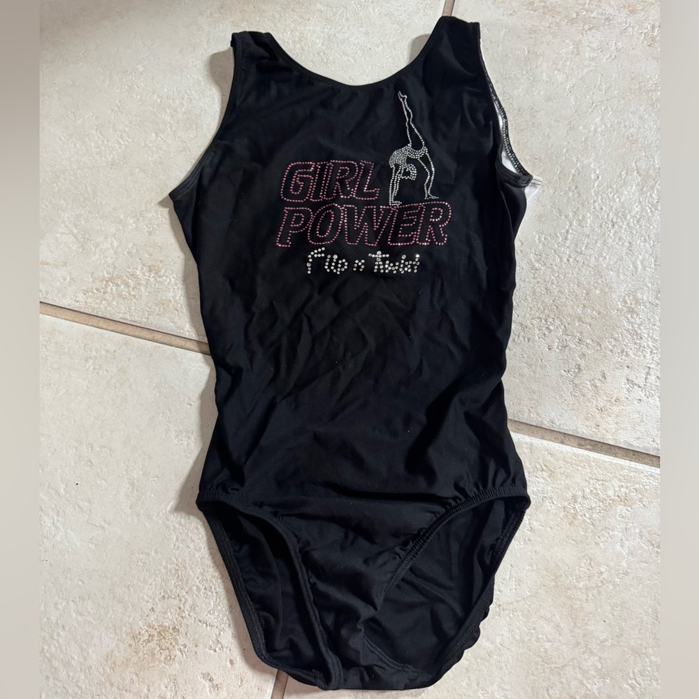 Motionwear Black, White and Pink Girl Power Gymnastics Leotard